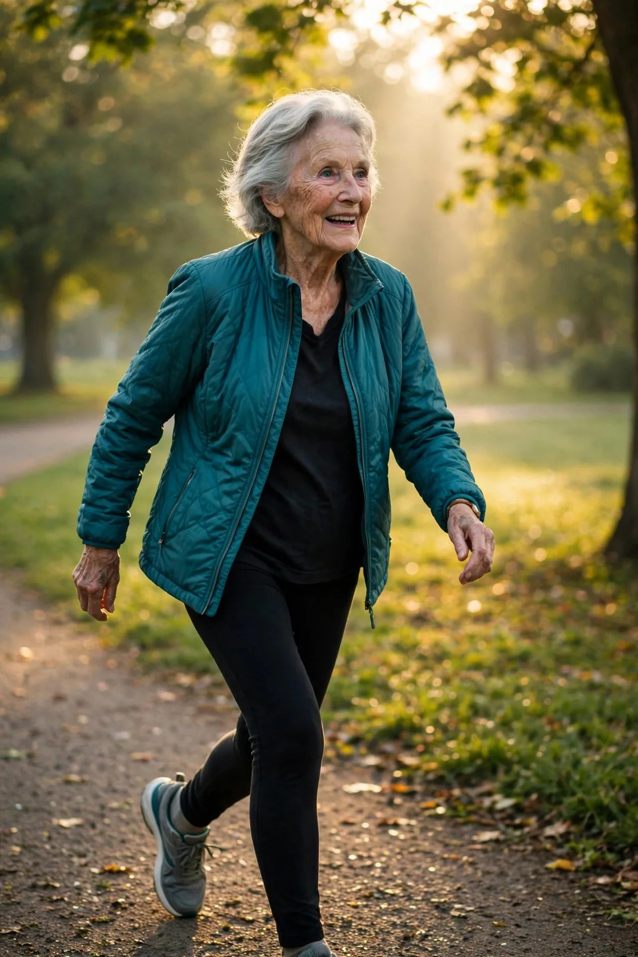 Senior woman walking briskly on a sunny morning trail for brain health.