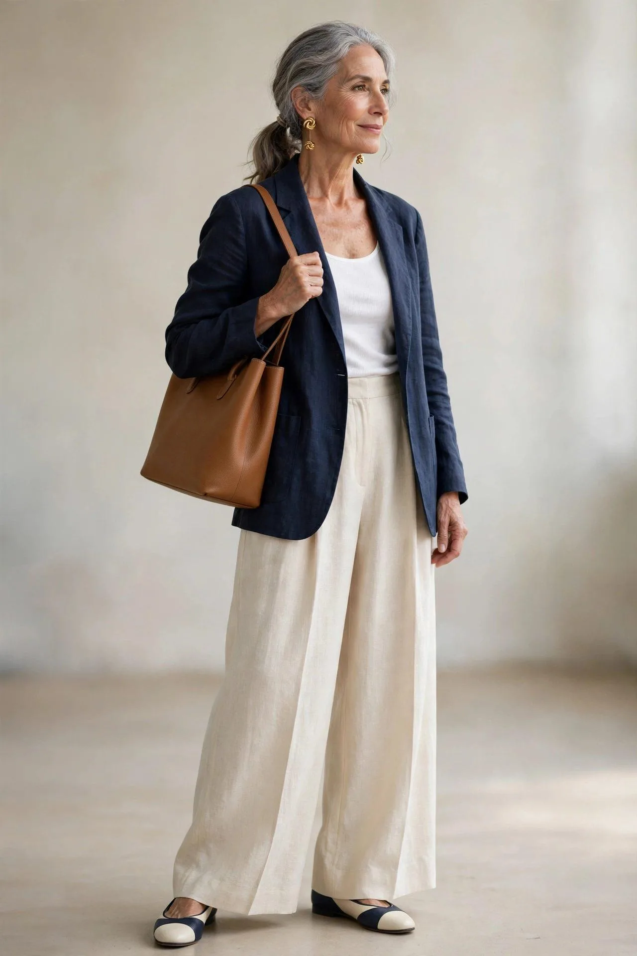 Sophisticated mature lady in navy linen jacket with wide cream pants