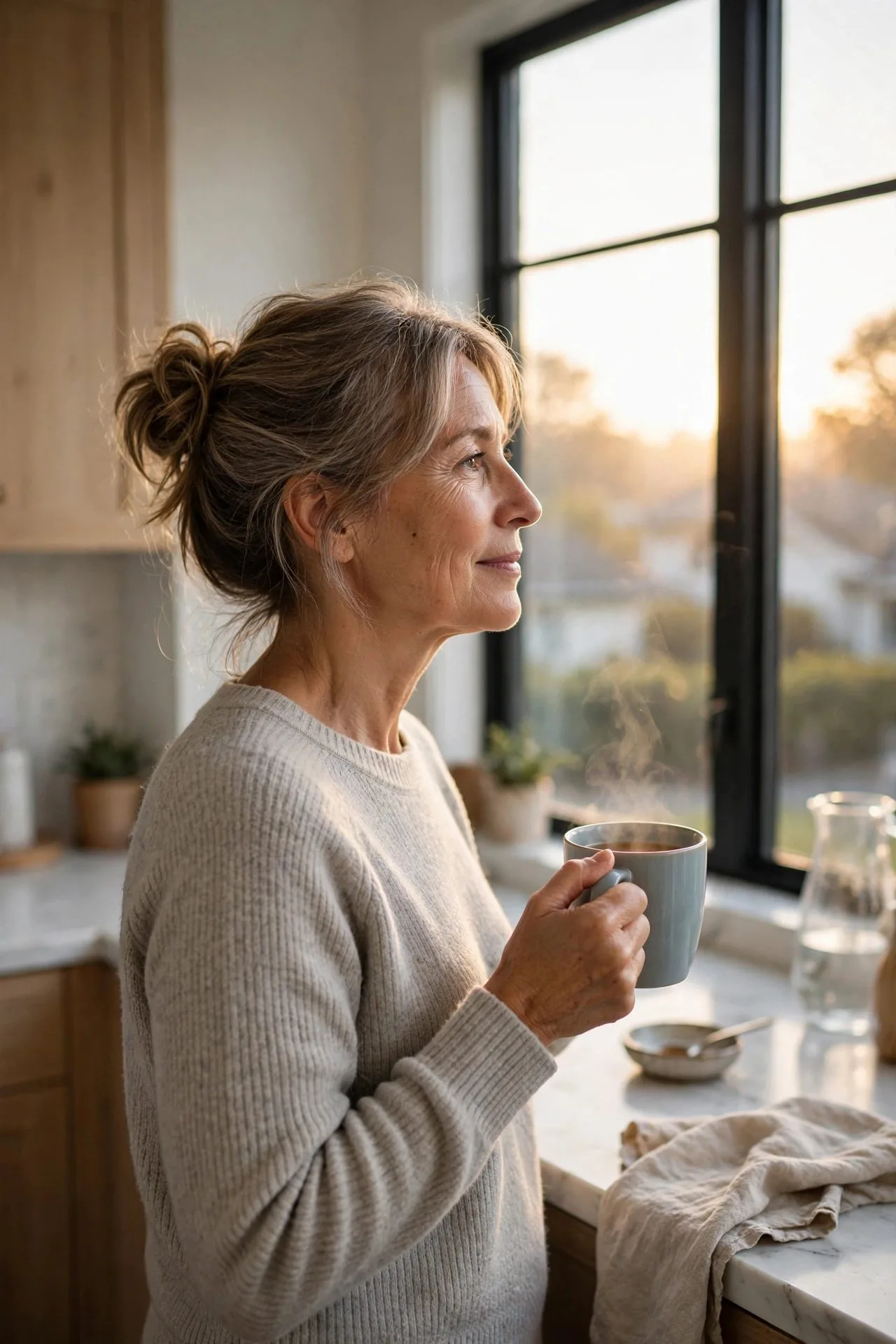 Older woman enjoying her comforting morning routine at home