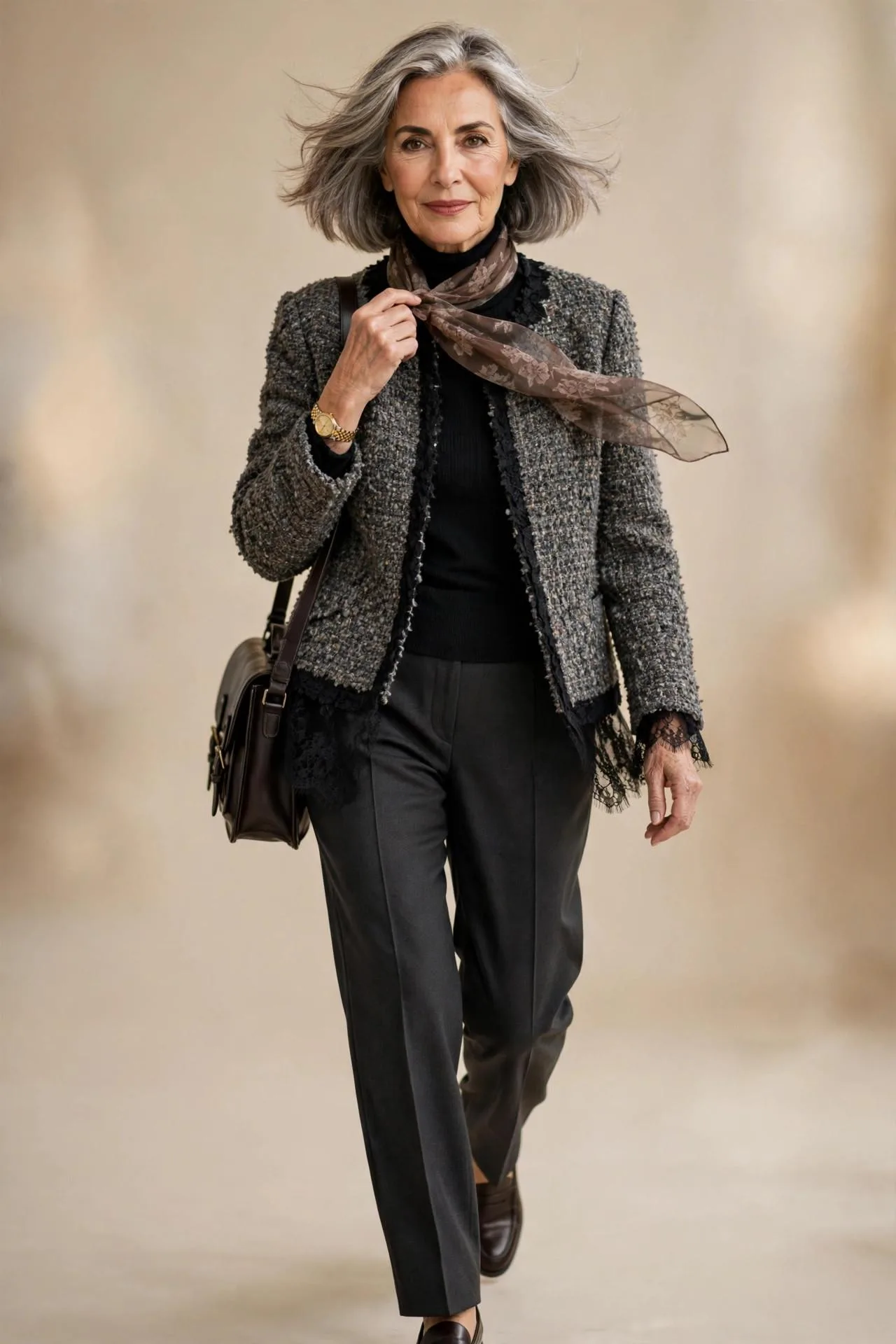 Poised mature woman wearing tweed jacket over black turtleneck with tailored charcoal trousers.