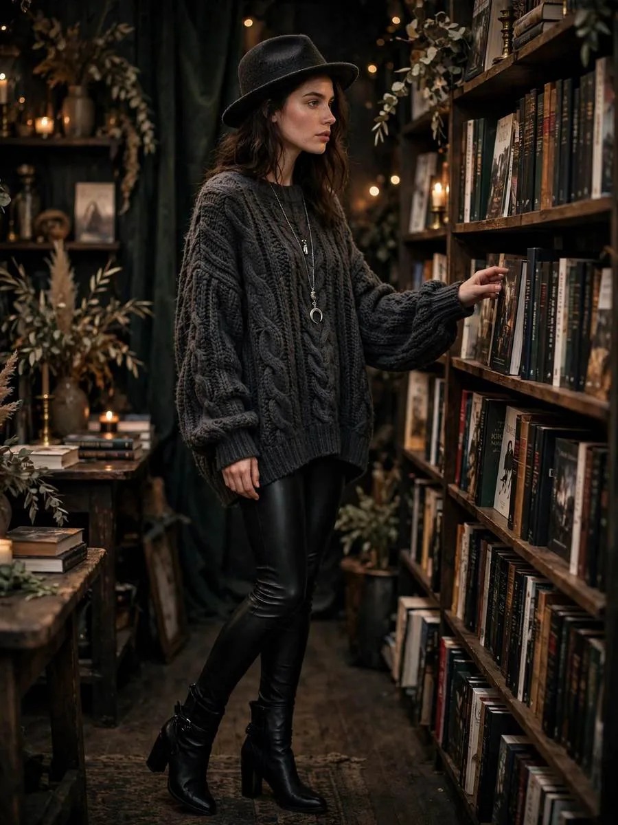 Oversized charcoal knit sweater with leather leggings and heeled boots.
