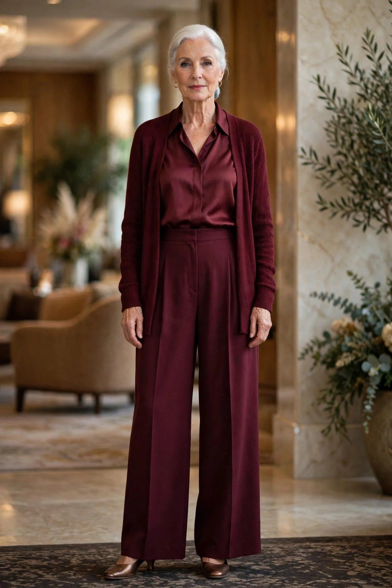 Striking woman over 60 in monochrome burgundy silk, crepe and knit textures.