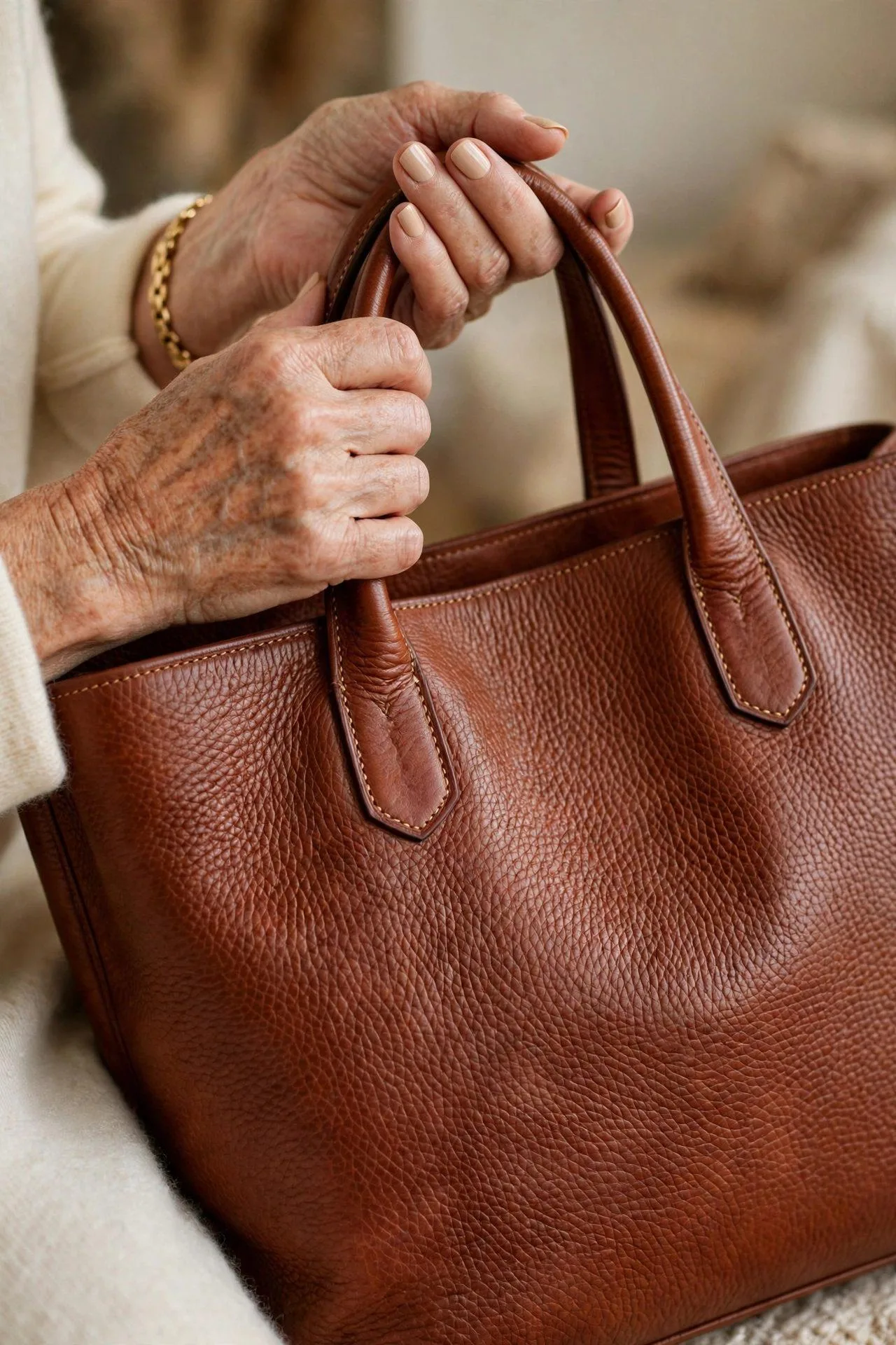 Detailed view of grained tan leather on a premium tote held by a woman, highlighting craftsmanship.
