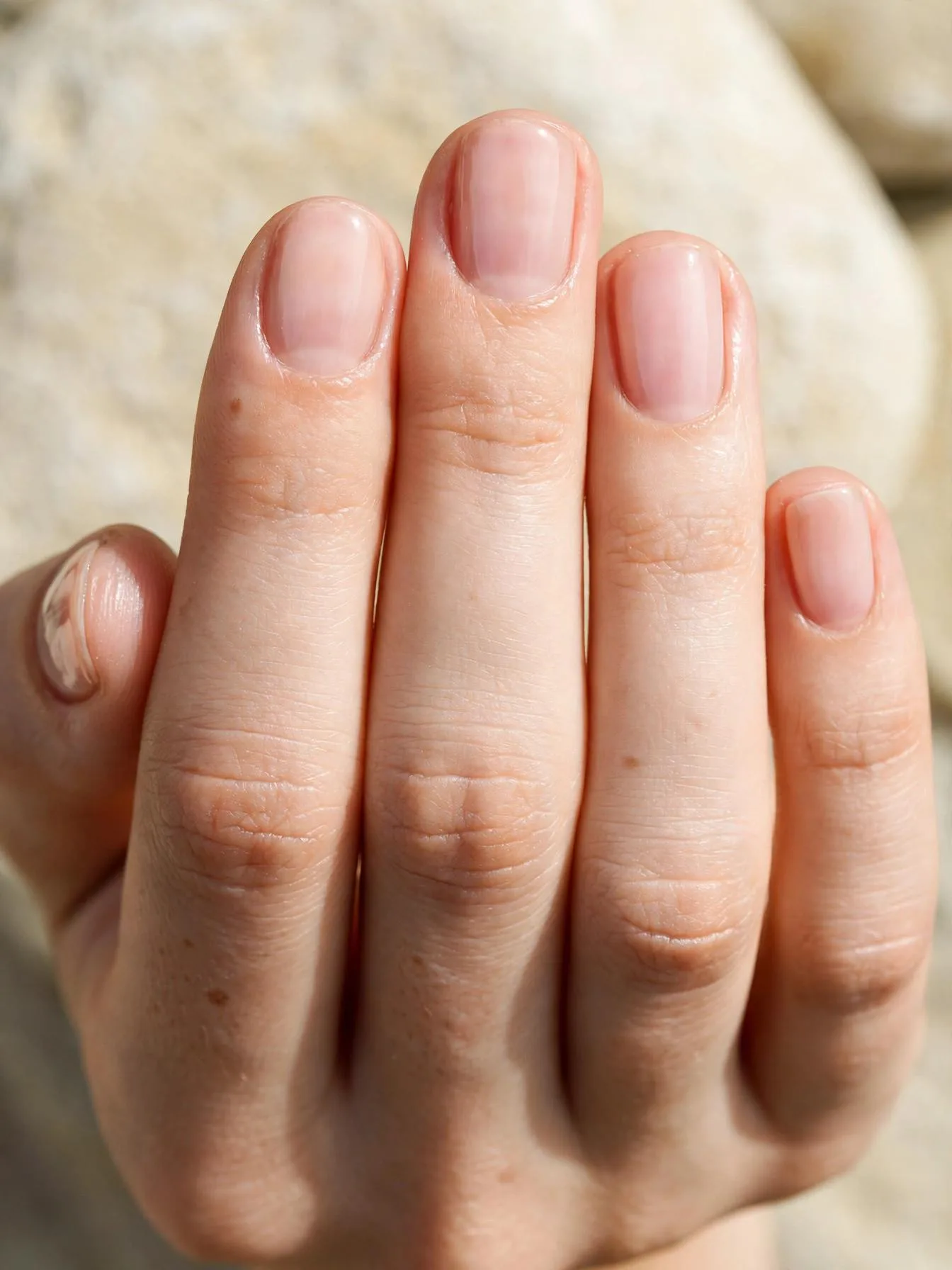 Short squoval nails in sheer glossy pink-nude, no art.