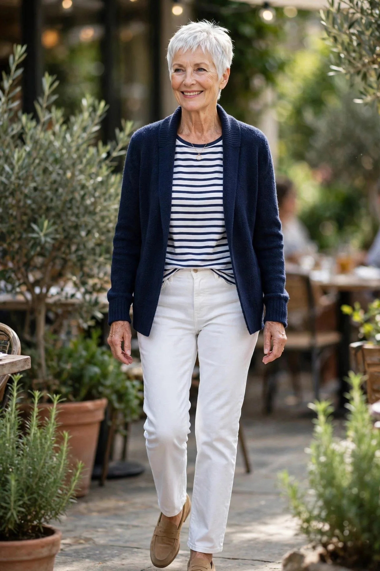 Relaxed woman in her 60s in a navy knit blazer with Breton stripes and white denim.