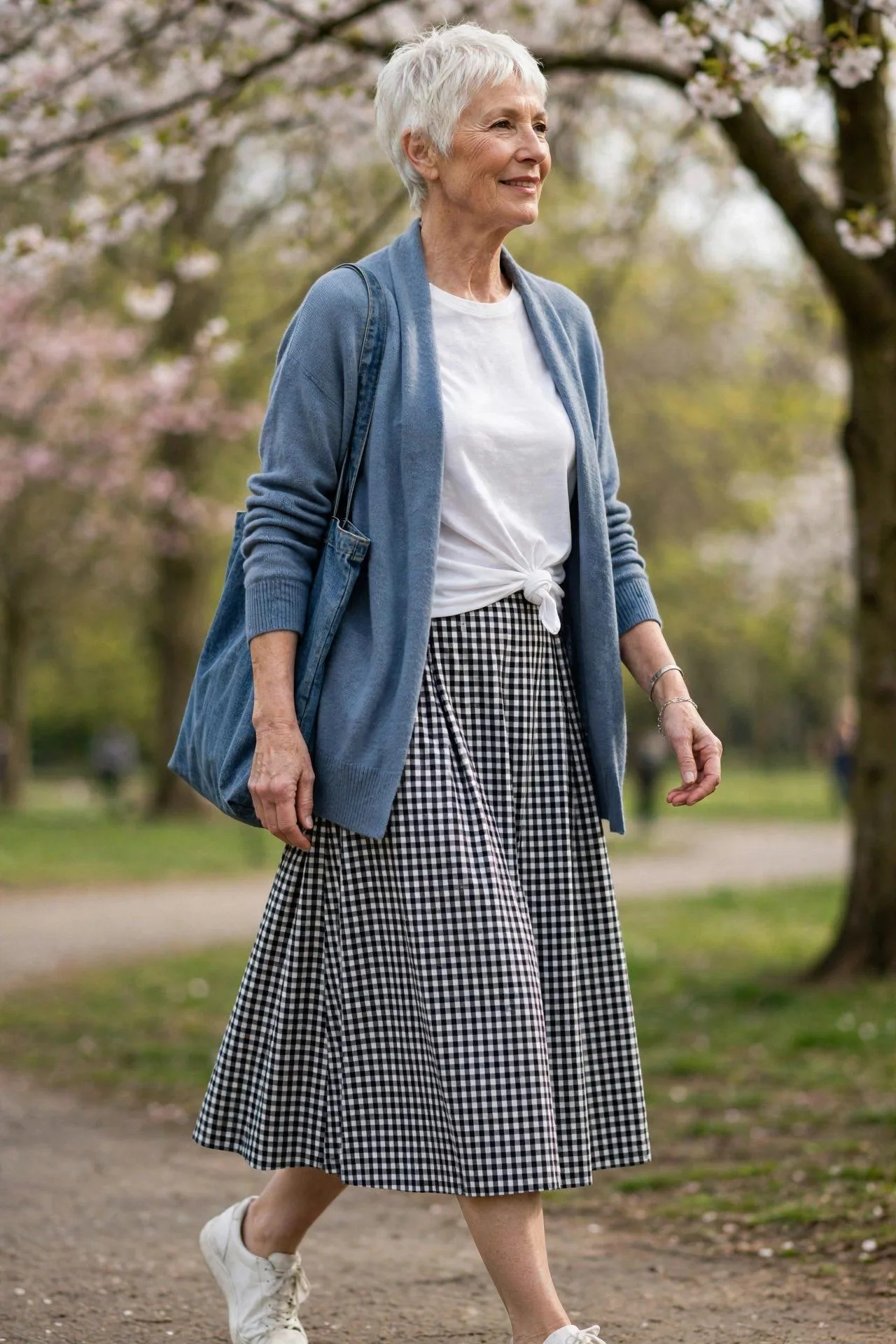 Woman in her early 60s in a soft blue open cardigan over a knotted white t-shirt with a black-and-white gingham midi skirt, white sneakers and a denim tote bag.
