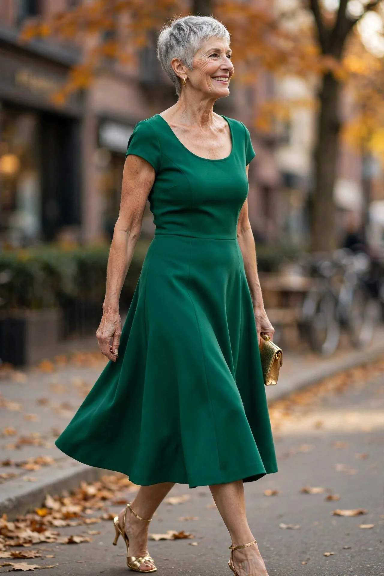 Happy senior woman in a vibrant emerald midi dress with gold heeled sandals