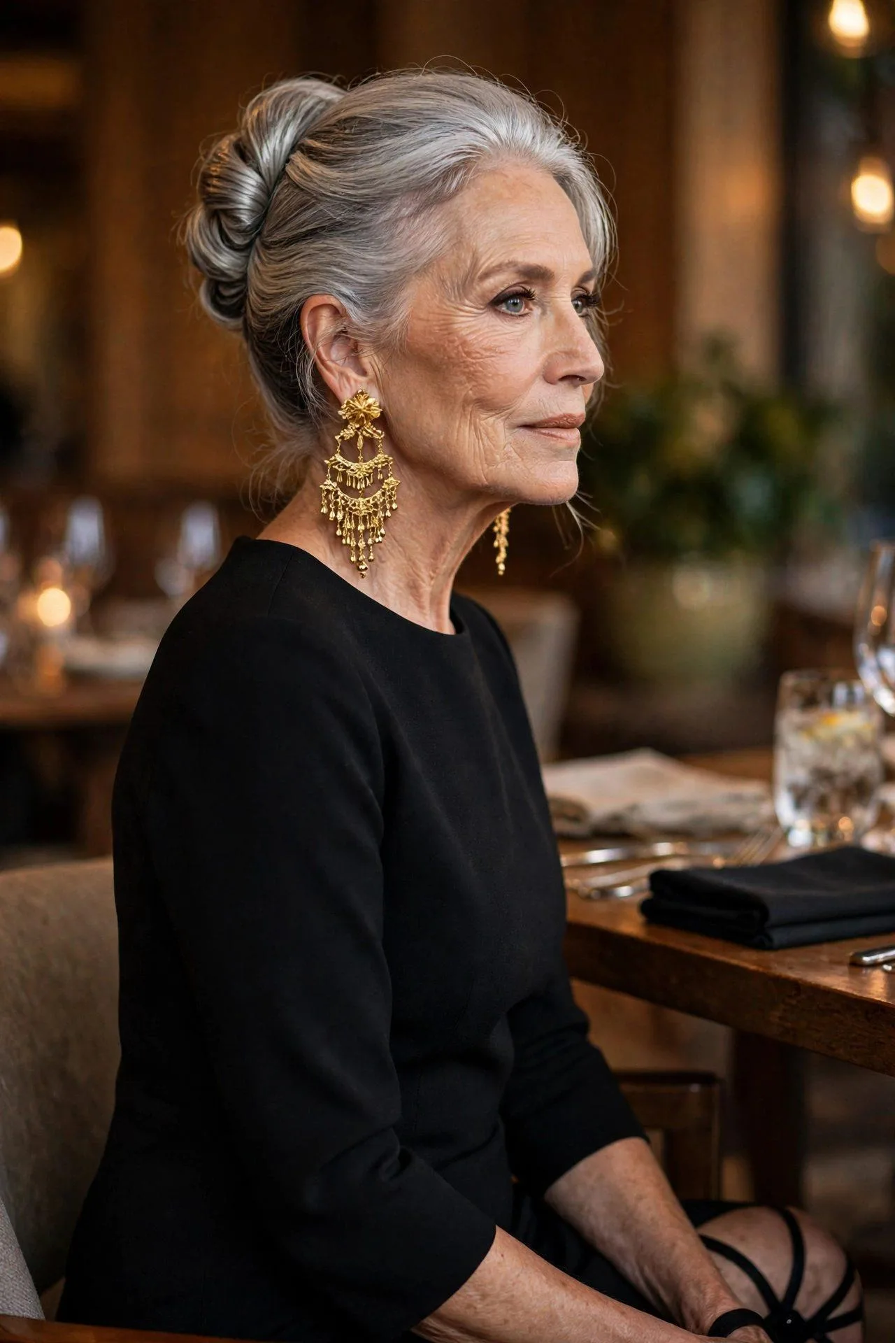 Elegant dinner guest in a minimalist black dress letting oversized gold chandelier earrings steal the spotlight.
