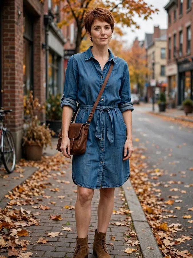 A woman in a denim shirt dress with ankle boots.