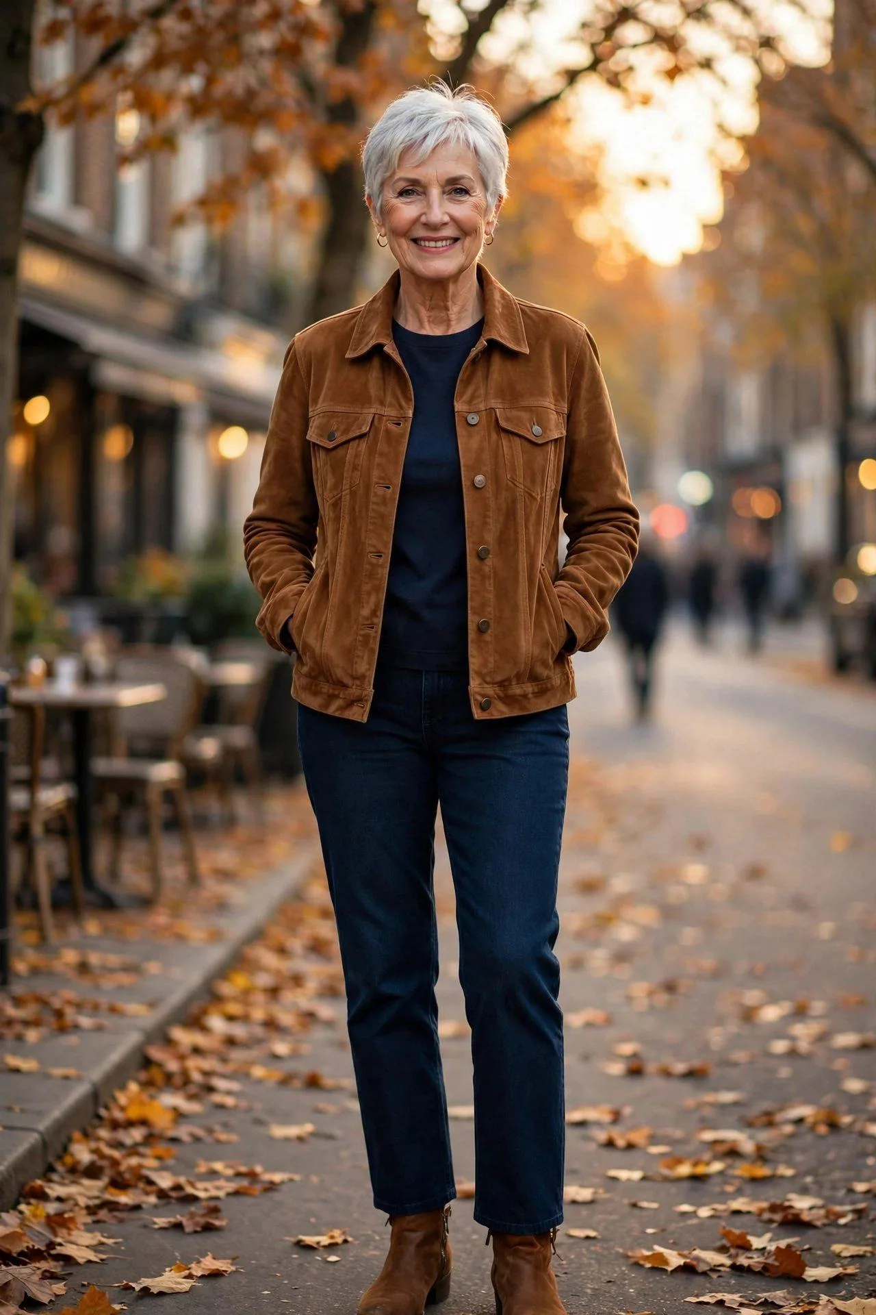 Woman in sixties layering cognac suede over deep navy basics