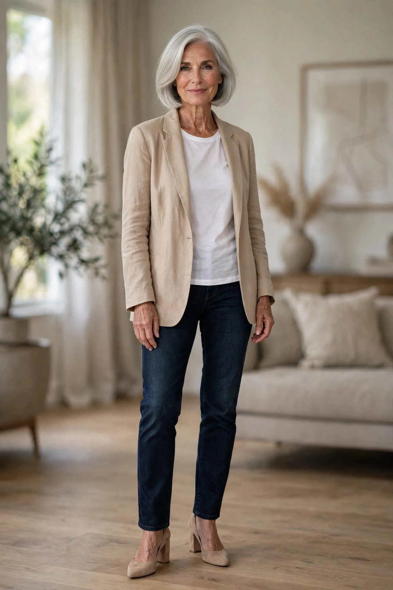 Older woman in relaxed beige blazer layered over simple white t-shirt and jeans