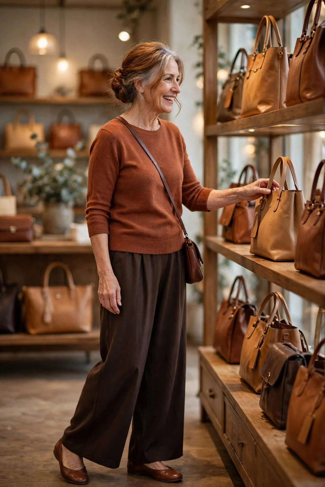 Delighted mature shopper examining fine leather bags in-store while hunting for lasting quality.