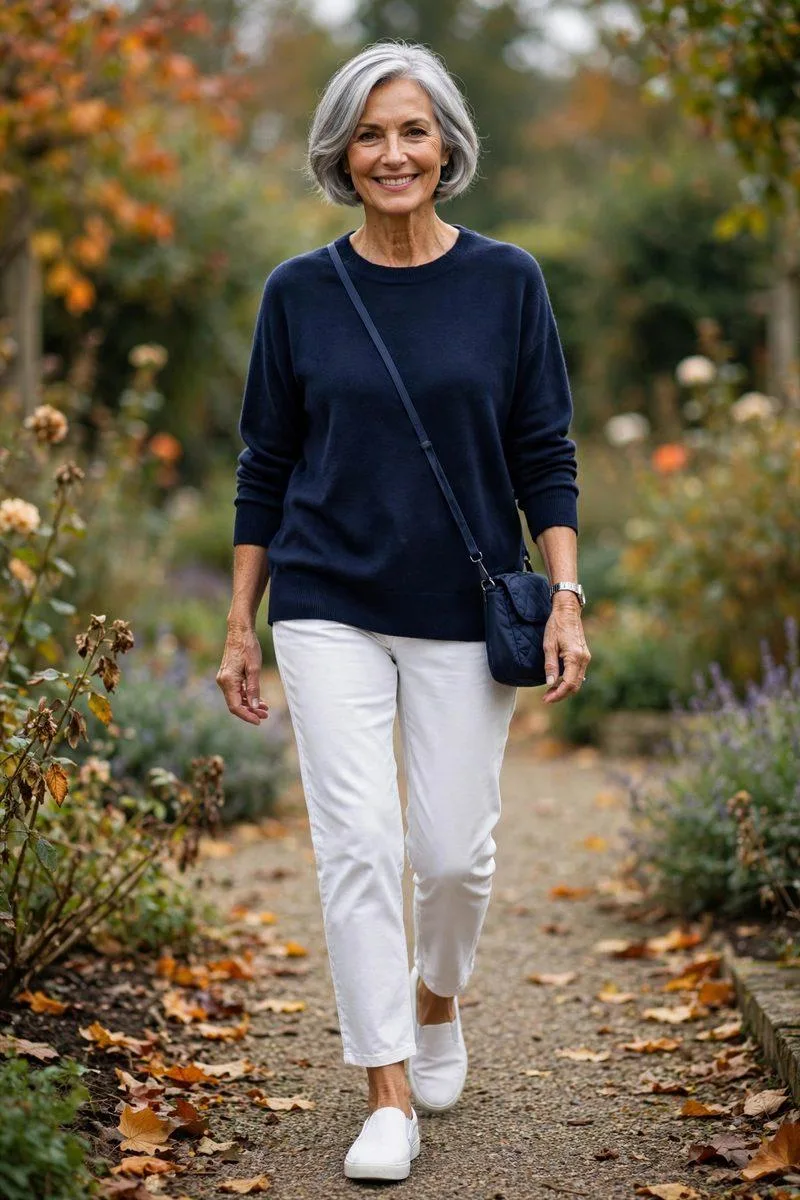 Older woman with a silver bob wearing a deep navy relaxed sweater, crisp white ankle pants and canvas slip-on sneakers