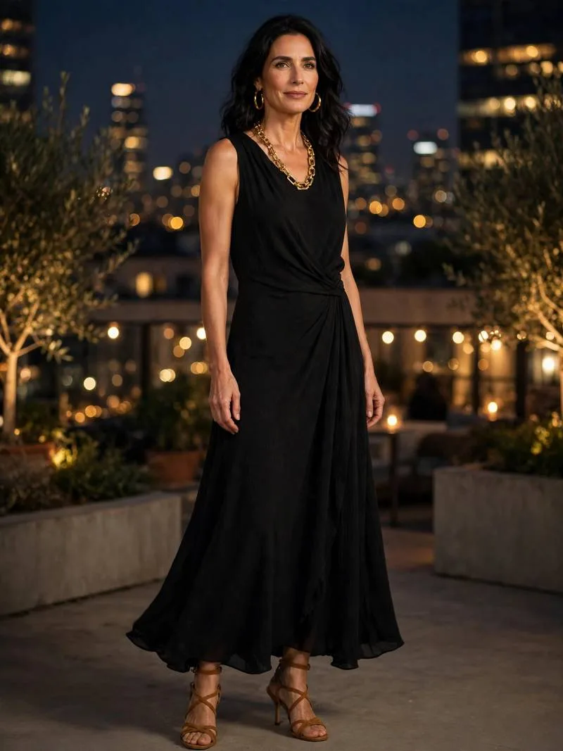 Elegant black maxi dress with gold jewelry and heeled sandals.