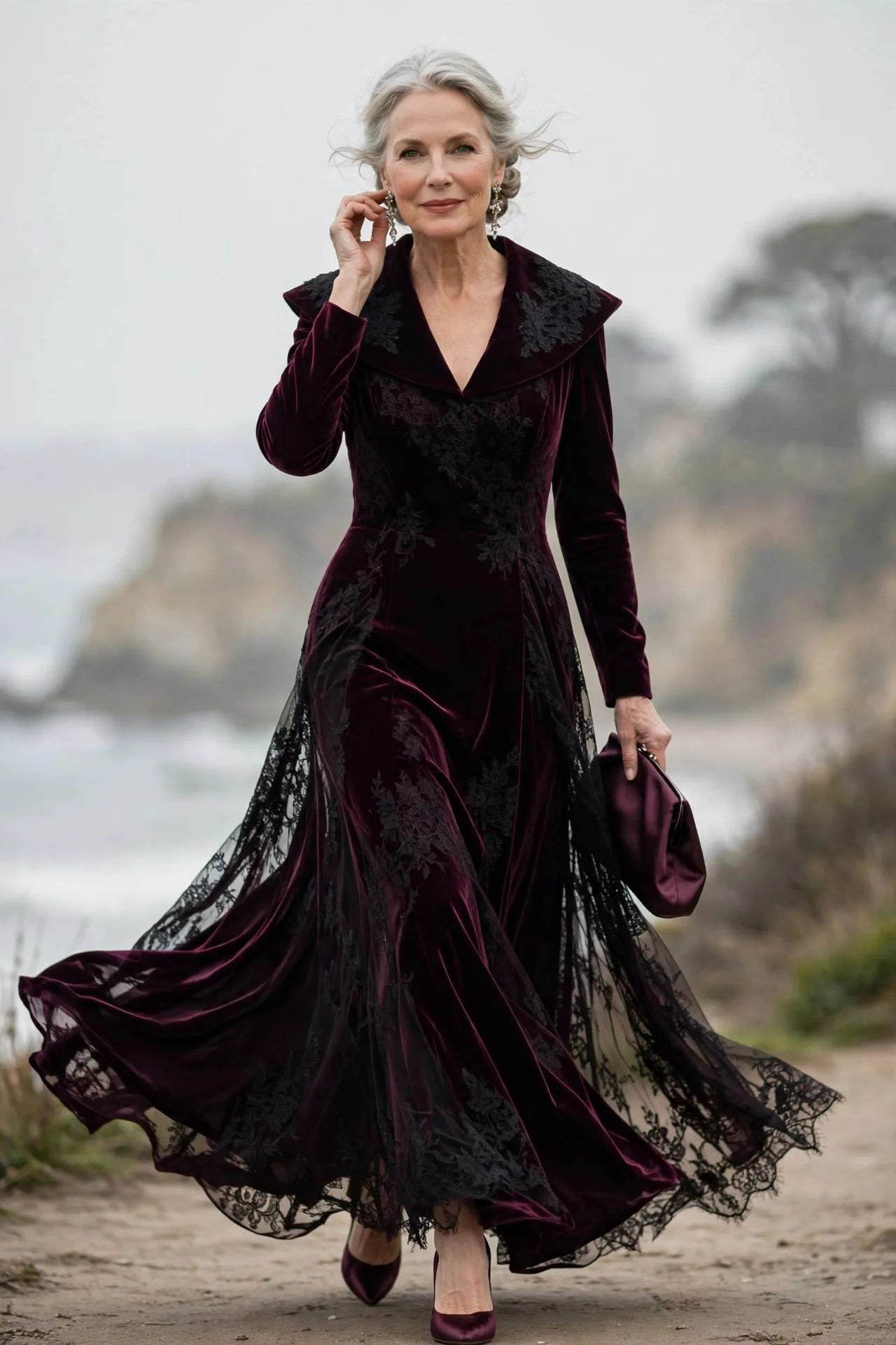 Regal mature woman in wine velvet gown with portrait collar