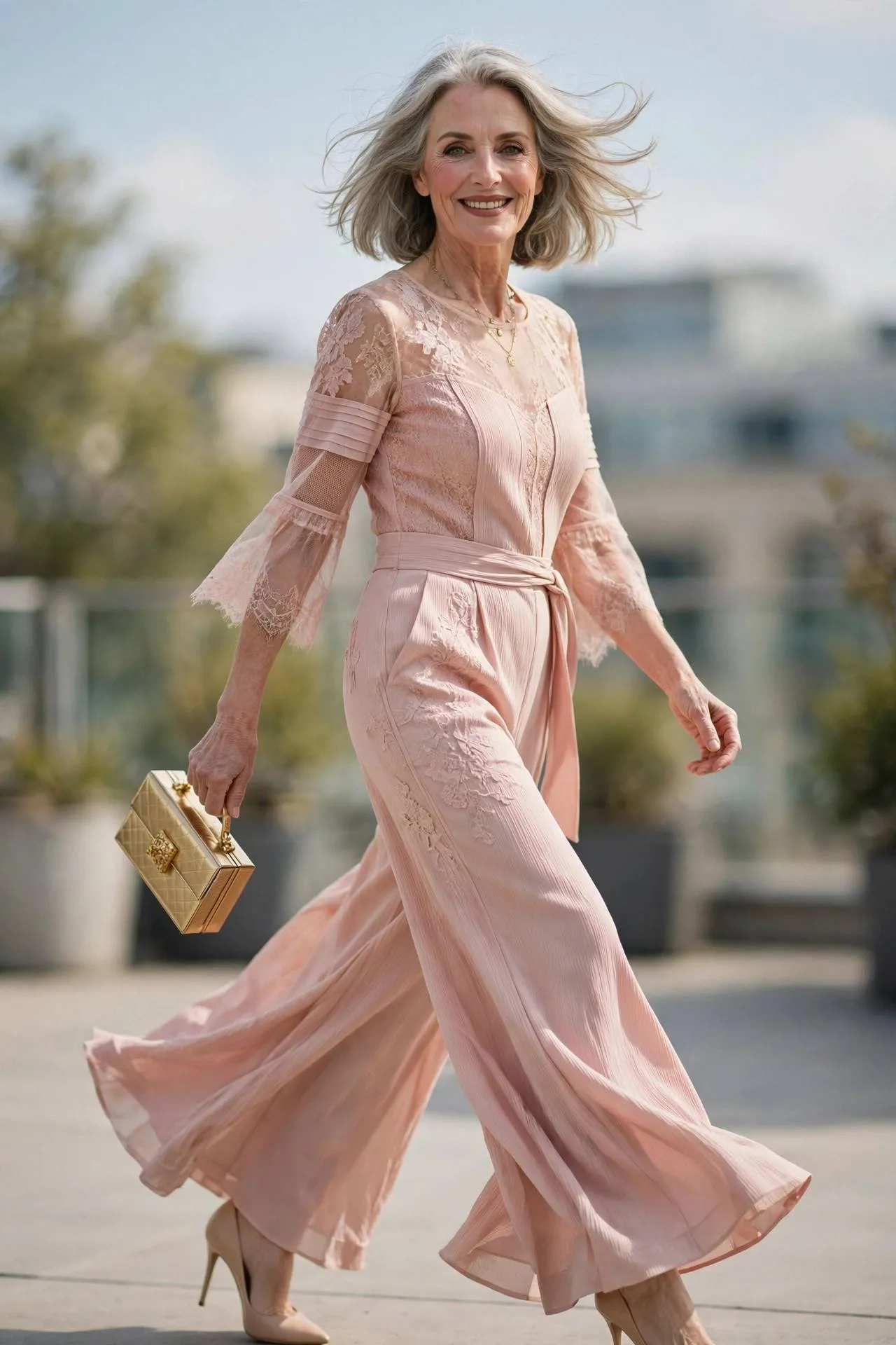 Stylish older woman wearing blush pink crepe jumpsuit at reception
