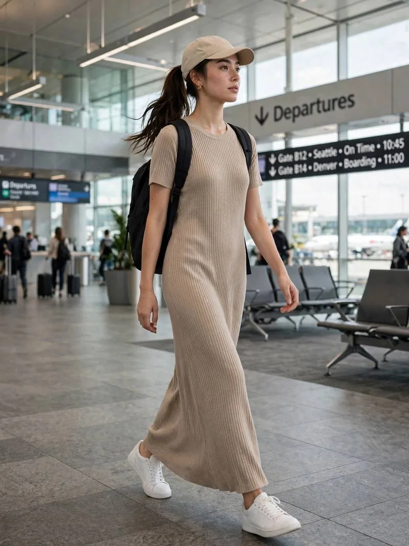 Ribbed knit maxi dress with white sneakers and backpack.