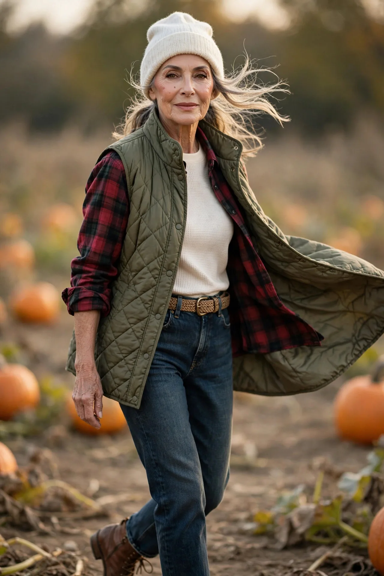 Flannel Shirt Warmth — A cranberry-check brushed flannel shirt worn open over a cream thermal top, with dark-wash jeans and a quilted olive vest.