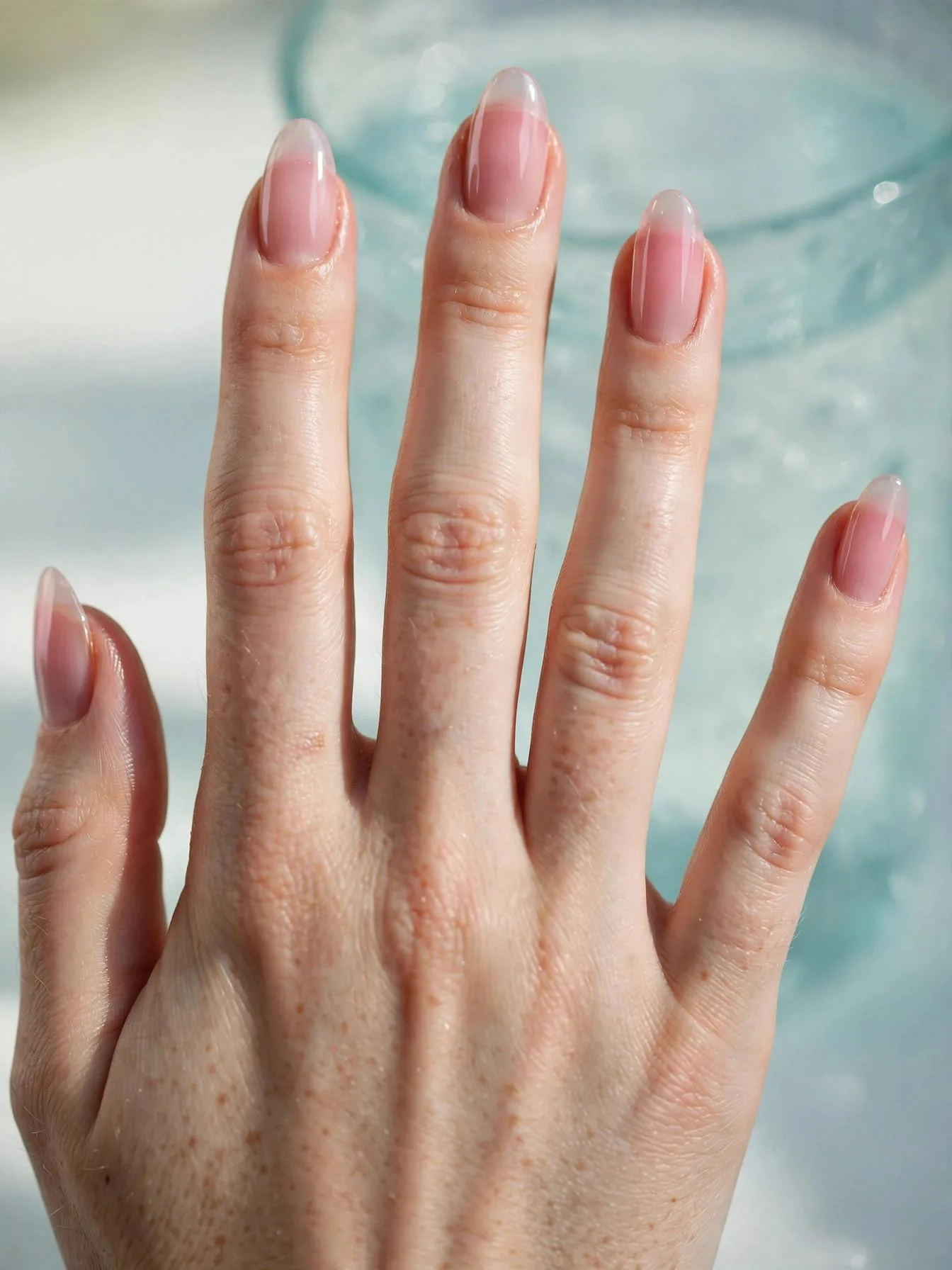 Light pink almond nails with see-through jelly candy color.