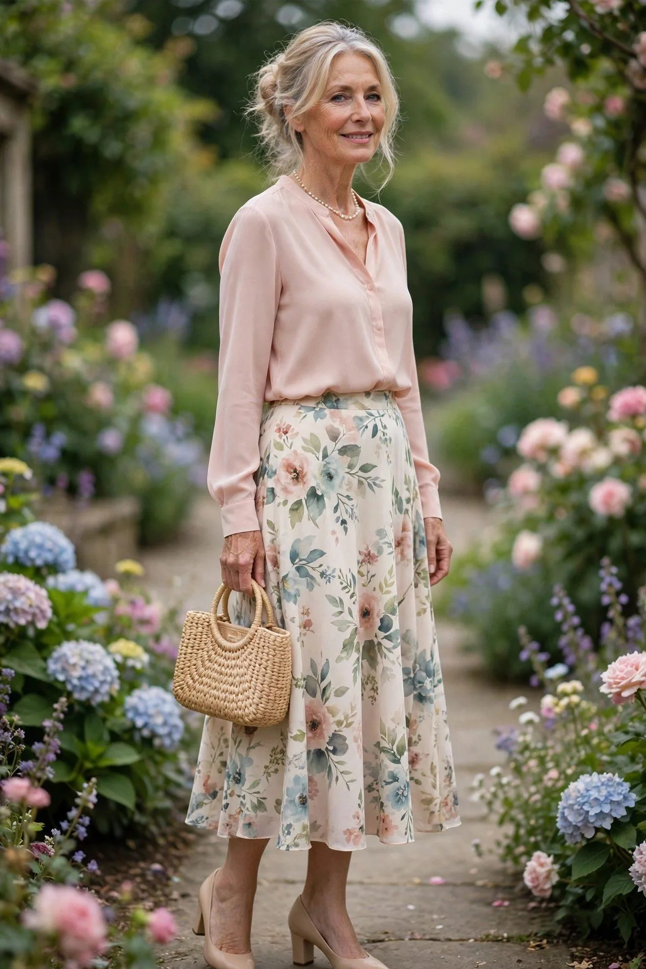 Graceful woman in floral midi skirt with pink blouse outdoors.