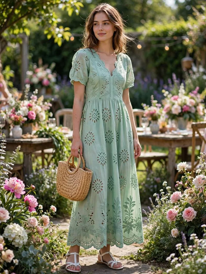 Mint eyelet maxi dress with white sandals at a garden party.