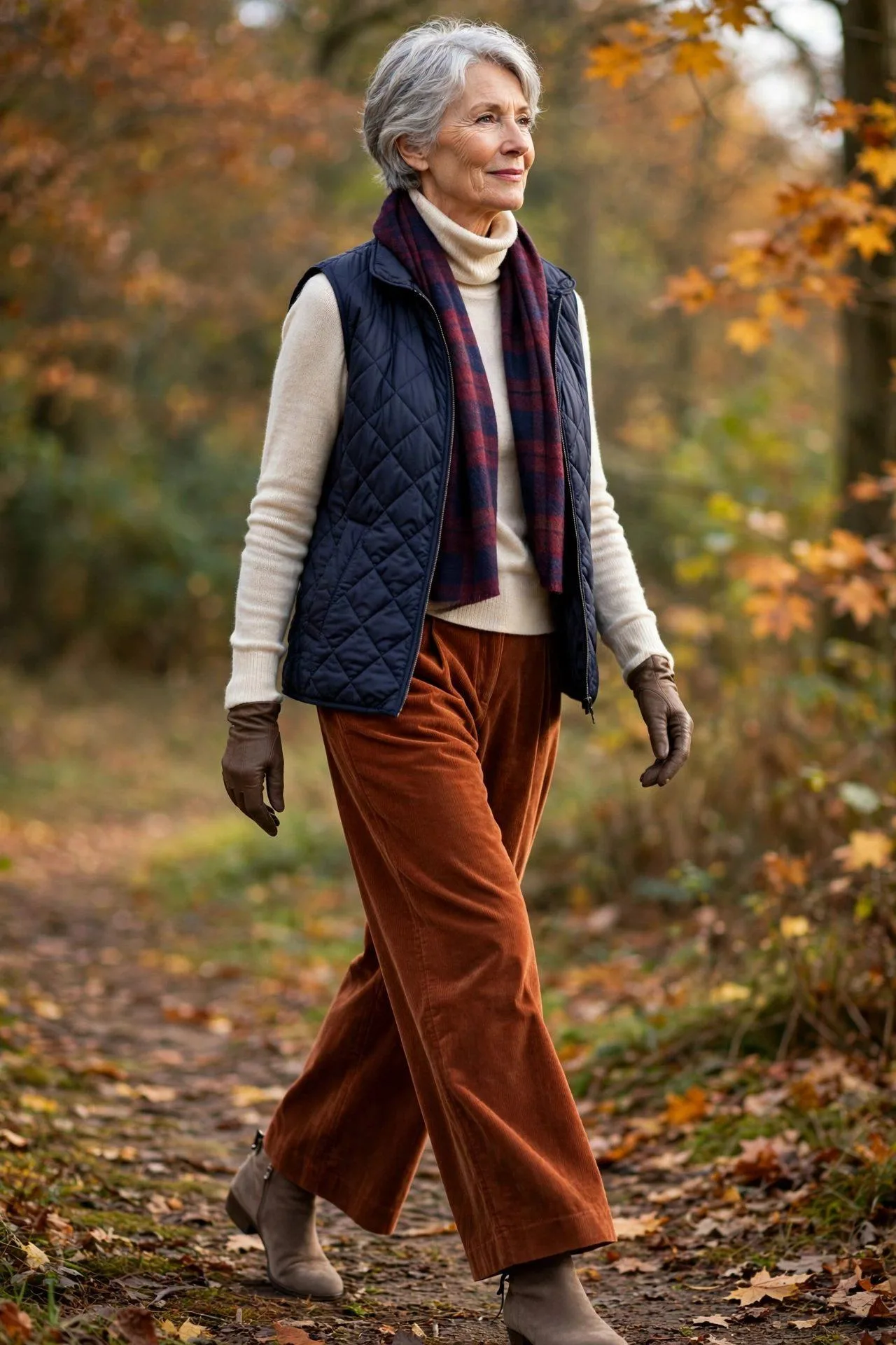 Elegant woman in her early 60s wearing a navy diamond-quilted vest over a cream turtleneck with rust wide-leg corduroy trousers, a plaid scarf and taupe boots.