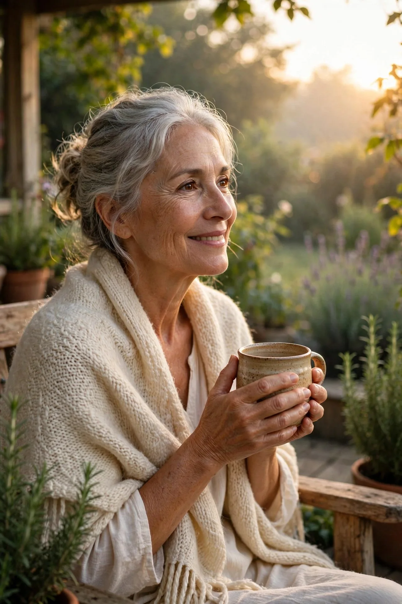 Content senior woman savoring morning coffee by sunny window