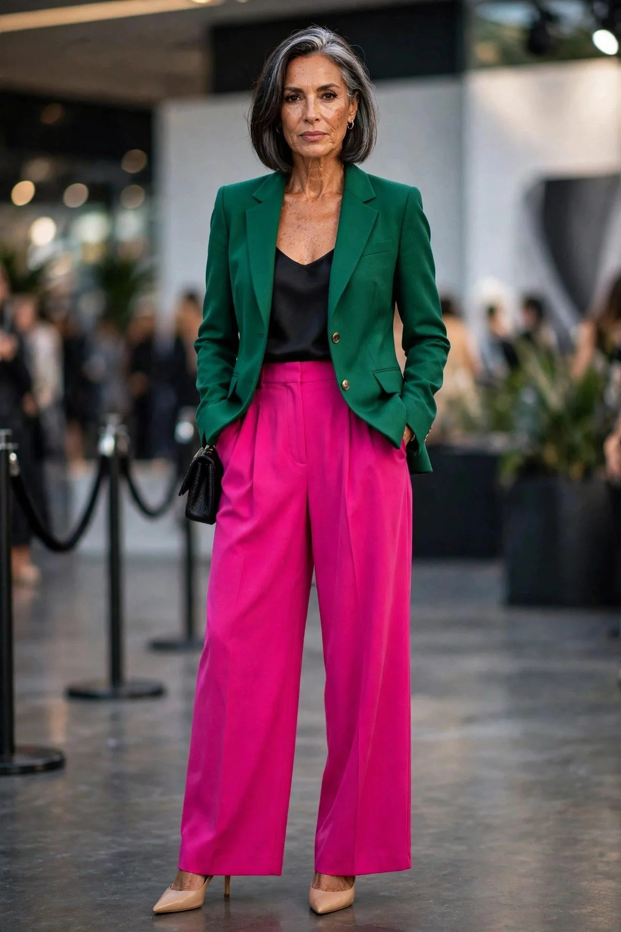 Bold woman color-blocking in an emerald jacket and fuchsia trousers with understated nude shoes.